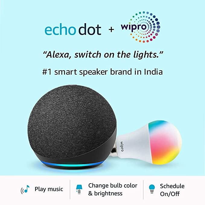 All-new Echo Dot (4th Gen, Black) combo with Wipro 9W LED smart color bulb All-new Echo Dot (4th Gen, Black) combo with Wipro 9W LED smart color bulb